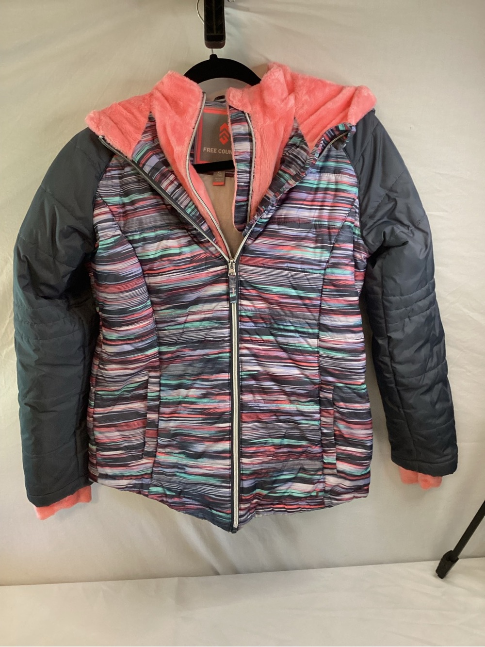 Free Country Girl’s Coral Lined Multi-Stripe Puffer Jacket, Size 16